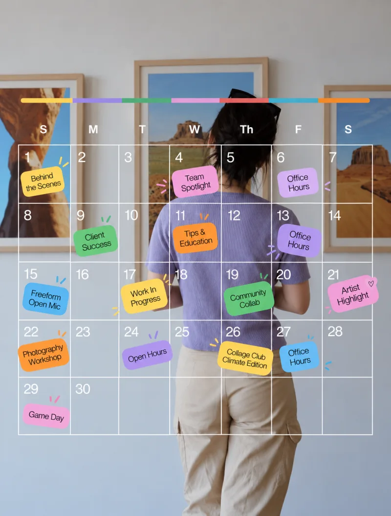 A month of content planned on a calendar, each day tagged with a post theme