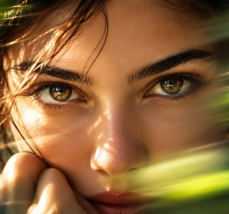 Close-up of a woman looking straight at the camera through streaks of green light